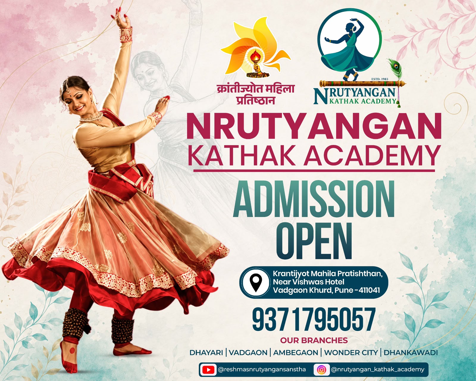 Poster announcing open admissions for Nrutyangan Kathak Academy with Krantijyot Mahila Pratishthan