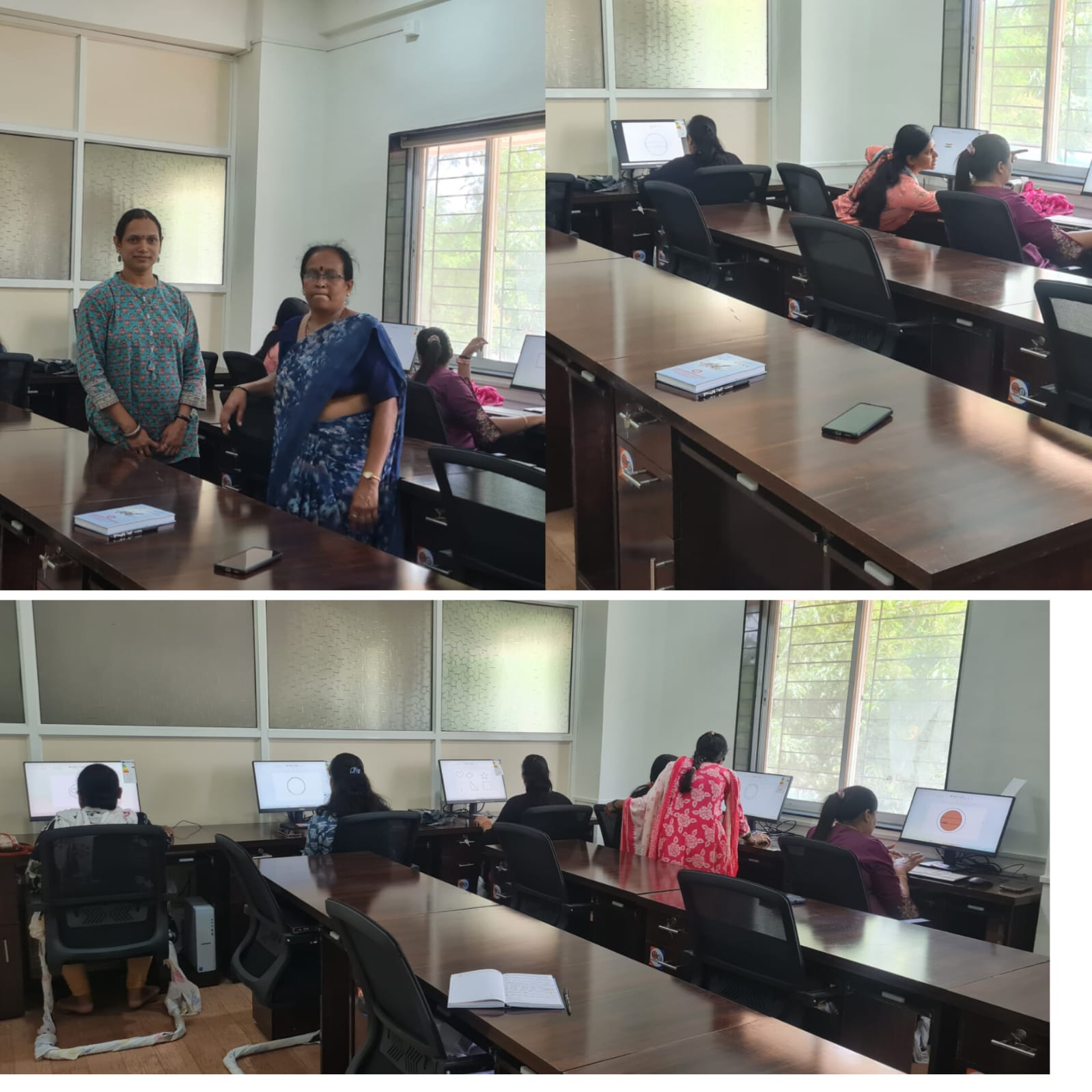 Set of photographs from a digital literacy session with the trainer and participants