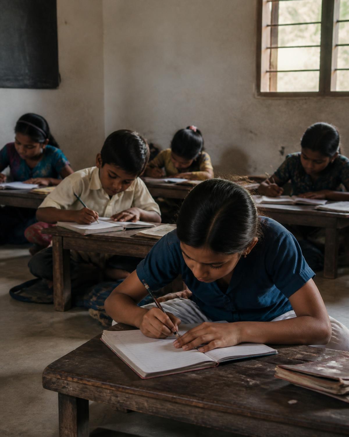 Children writing in notebooks in a classroom